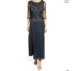 Pisarro Nights Bead Embellished Gown In Navy/ Mercury